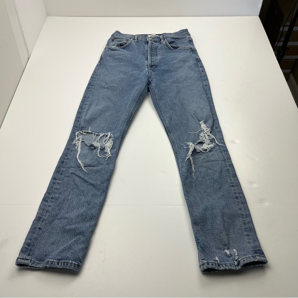 Agolde Riley Women’s Size 25 Blue High Rise Straight Crop Denim Jean Distressed